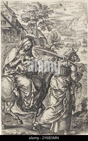 Als Maria nach Ägypten flüchtet, saugt sie das Christkind, während sie auf dem Esel reitet. Joseph führt das Tier an den Zügeln und trägt seine Werkzeuge in einem Korb über seine Schulter. Im Hintergrund kann man sehen, wie die Heilige Familie im gasthof abgelehnt wird., Druck, Druckerei: Johannes Wierix, (erwähnt auf Objekt), nach Entwurf: Pieter van der Borcht (I), (erwähnt auf Objekt), Antwerpen, 1573, Papier, Gravur, Buchdruck, Höhe, 113 mm x Breite, 73 mm Stockfoto