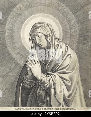 Maria als Mater Dolorosa, Sancta Maria Virgo Mater dei Benedicta, die trauernde Maria mit gefalteten Händen im Gebet. Ein Halo hinter dem Kopf., Druck, Druckerei: Hieronymus Wierix, Verlag: Philips Galle, Antwerpen, 1563 - vor 1612, Papier, Gravur, Höhe, 178 mm x Breite, 148 mm Stockfoto