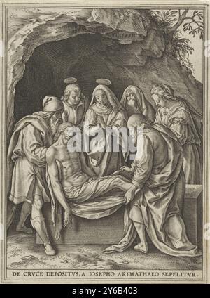 Christus wird von Joseph von Arimathäa und Nikodemus in das Felsengrab gelegt. Maria und andere trauern um das Grab. Am Rand befindet sich eine lateinische Unterschrift, die auf die Performance verweist., Druck, Druckerei: Hieronymus Wierix, nach Entwurf: Maerten de Vos, Verlag: Hans van Luyck, Antwerpen, 1563 - vor 1586, Papier, Gravur, Höhe, 140 mm x Breite, 104 mm Stockfoto