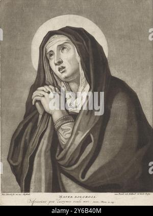 Maria als Mater Dolorosa, Mater Dolorosa (Titel auf Objekt), Druck, Druckerei: Pieter Schenk (I), (erwähnt auf Objekt), nach Malerei von Charles Le Brun, (erwähnt auf Objekt), Verlag: Pieter Schenk (I), (erwähnt auf Objekt), Amsterdam, 1670 - 1713, Papier, Gravur, Höhe, 246 mm x Breite, 182 mm Stockfoto