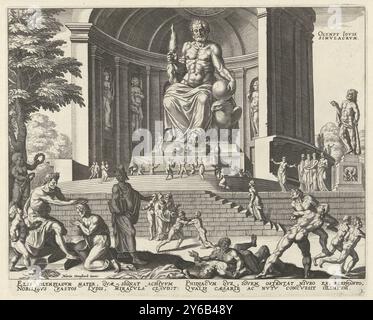 Zeus-Statue in Olympia, Olympy Iovis simvlacrvm (Titel auf Objekt), die acht Weltwunder (Titel der Serie), die Zeus-Statue befand sich im dorischen Tempel von Olympia auf dem griechischen Peloponnes. Sie wurde um 433 v. Chr. erbaut. Geschaffen vom Athener Bildhauer Phidias. Rechts vom Tempel eine Herkules-Statue. Auf den Stufen vor dem Tempel verehren die Menschen die Statue des Zeus. Rechts im Vordergrund stehen olympische Wrestler und Läufer, links wird einer der Gewinner geehrt. Der Druck hat eine lateinische Unterschrift und ist Teil einer Serie über die acht Wunder des Stockfoto