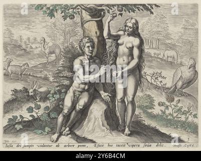 Eve verführt Adam, Fall of man (Titel der Serie), Eve bietet Adam eine Frucht aus dem Apfel des Baumes der Erkenntnis von gut und Böse an. Die Schlange im Baum. Verschiedene Tiere im Hintergrund., Druck, Druckerei: Johann Sadeler (I), (erwähnt auf Objekt), nach Entwurf: Crispijn van de Passe (I), (erwähnt auf Objekt), Verlag: Claes Jansz. Visscher (II), Druckerei: Antwerpen, Verlag: Amsterdam, 1575 und oder 1639, Papier, Gravur, Höhe, 194 mm x Breite, 270 mm Stockfoto