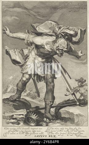 König Saul wirft sich in sein Schwert, Saulus rex (Titel auf Objekt), Sinners from the Old and New Testament (Serientitel), auf dem Schlachtfeld tötet sich König Saul, indem er sich in sein eigenes Schwert wirft. Er trägt eine Rüstung und vor ihm ist eine Krone und eine Lanze. Hinter ihm auf der rechten Seite sieht ein Soldat entsetzt zu. Kämpfende Soldaten sind in der Ferne zu sehen. Unterhalb der Szene ist ein sechszeiliger lateinischer Text, der die Szene beschreibt., Druck, Druckerei: Willem Isaacsz. Van Swanenburg (erwähnt zum Gegenstand), nach Entwurf von Abraham Bloemaert (erwähnt zum Gegenstand), Petrus Scriverius (erwähnt Stockfoto