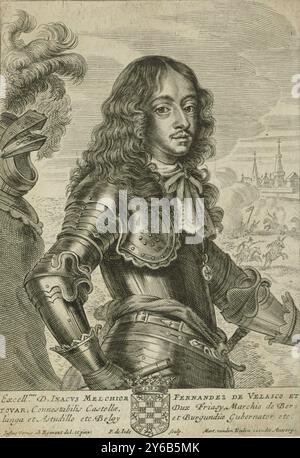 Porträt von Inacho Melchior Ferdinand de Velasco, Konstabler von Velasco und Tovar, Porträt von Inacho Melchior Ferdinand de Velasco. Er trägt eine Rüstung und in der rechten Hand hält er einen Kommandostab. Im Hintergrund die Belagerung einer Stadt. Am Rand das Wappen der dargestellten Person und eine dreizeilige Beschriftung in französischer Sprache., Druck, Druckerei: Pieter de Jode (II), (auf dem Objekt erwähnt), nach Zeichnung von Justus van Egmont, (auf dem Objekt erwähnt), nach Malerei von Justus van Egmont, (auf dem Objekt erwähnt), Antwerpen, 1628 - 1670, Papier, Ätzen, Gravieren, Höhe, 169 mm x Breite, 118 mm Stockfoto