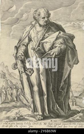 Peter, Peter und Paul (Serientitel), Peter steht in einer bergigen Landschaft mit zwei Schlüsseln in der rechten Hand und einem Buch in der linken Hand. Links im Hintergrund Christus mit seinen Aposteln. Christus zeigt auf ein Gebäude auf einem Felsen. Illustration der Aussage Christi: "Du bist Petrus, der Felsen, auf dem ich meine Kirche bauen werde." Unterhalb der Szene ist ein vierzeiliger Text in lateinischer Sprache., Druck, Druckerei: Anonym, nach Entwurf von: Hendrick Goltzius, (Werkstatt von), Herausgeber: Christoffel van SiChem (I), (erwähnt auf Objekt), Amsterdam, 1589 - 1625, Papier, Gravur, Höhe, 300 mm x Breite, 197 mm Stockfoto