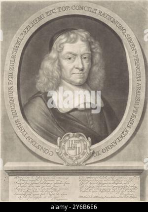 Porträt von Constantijn Huygens, Porträt von Constantijn Huygens, Dichter, Sekretär von Prinz Frederik Hendrik und Prinz Willem II. Und erster Ratsherr und Buchhalter von Prinz Willem III. Unter dem Porträt befindet sich sein Familienwappen., Druck, Druckerei: Abraham Bloteling, (erwähnt auf Gegenstand), nach Entwurf: Bernard Vaillant, (erwähnt), Verlag: Abraham Bloteling, Amsterdam (erwähnt) 1690, Papier, Gravur, Höhe, 343 mm x Breite, 255 mm Stockfoto