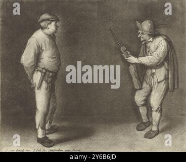 Alter Geiger, Ein Geiger spielt seine Geige, während ein anderer Mann zusieht., Druck, Druckerei: Jacob Gole, (erwähnt auf dem Objekt), nach Entwurf: Adriaen van Ostade, (erwähnt auf dem Objekt), Verlag: Jacob Gole, (erwähnt auf dem Objekt), Amsterdam, 1670 - 1724, Papier, Ätzen, Höhe, 153 mm x Breite, 190 mm Stockfoto