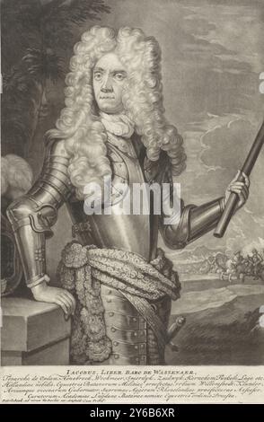 Porträt von Jacob Baron van Wassenaer Lord of Obdam, Jacob Baron van Wassenaer Lord of Obdam, als Admiral mit einem Kommandostab. Ein Schlachtfeld im Hintergrund., Druck, Druckerei: Pieter Schenk (I), (erwähnt auf Objekt), nach Malerei von Gottfried Kneller, (erwähnt auf Objekt), Verlag: Pieter Schenk (I), (erwähnt auf Objekt), Amsterdam, 1670 - 1713, Papier, Gravur, Höhe, 270 mm x Breite, 178 mm Stockfoto