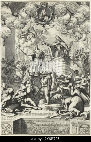 Allegorie über die Nachfolge Leopolds I. durch seinen Sohn Joseph I., 1687, Allegorie über die Nachfolge Leopolds I. durch seinen Sohn Joseph I., 1687. Leopold I. (fälschlicherweise Leopold II. Genannt) steht auf einem Triumphwagen und überreicht Josef I. seine Königskrone von Ungarn. Der Triumphwagen wird von Türken gezogen. Oben befindet sich ein Medaillon mit einem Porträt von Karl II. Von Spanien mit Bildern der Siege über die Türken auf beiden Seiten. Unten ist eine Darstellung der Krönungsprozession in Presburgh, heute Bratislava., Druck, Druckerei: Romeyn de Hooghe, (auf dem Objekt erwähnt), nach eigener Desi Stockfoto