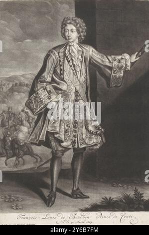 Porträt von Francois Louis de Bourbon, Porträt von Francois Louis de Bourbon, Prinz von Condé. Im Hintergrund ein Pferdekampf., Druck, Druckerei: Jacob Gole, (auf dem Objekt erwähnt), Amsterdam, 1679 - 1724, Papier, Gravur, Höhe, 271 mm x Breite, 182 mm Stockfoto