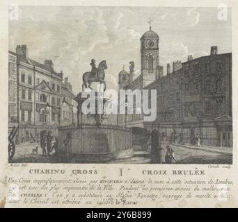 Ansicht von Charing Cross, Charing Cross, Crois Brulèe (Titel auf Objekt), Ansicht von Charing Cross in London, mit der Reiterstatue von Karl I. im Vordergrund. Northumberland House im Hintergrund rechts. Text am unteren Rand., Druck, Druckerei: Gaetano Canali, (auf dem Objekt erwähnt), nach Zeichnung von: Miller, (auf dem Objekt erwähnt), Italien, ca. 1776 - ca. 1790, Papier, Ätzen, Höhe, 190 mm x Breite, 228 mm Stockfoto