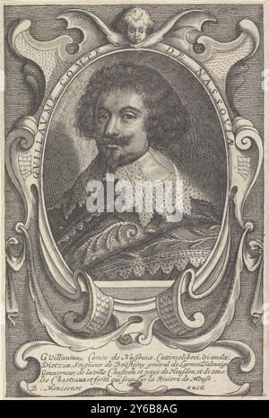 Porträt Wilhelm Graf von Nassau-Siegen, Porträt Wilhelm in einem ornamentierten Oval mit Randschrift. Vier Zeilen lateinischer Text in einer Kartusche., Druck, Druckerei: Anonym, Verlag: Balthazar Moncornet, (auf dem Objekt erwähnt), Druckerei: niedere Länder, Verlag: Frankreich, 1610 - 1668, Papier, Gravur, Ätzen, Höhe, 137 mm x Breite, 91 mm Stockfoto