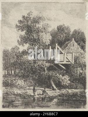 Blick auf den Wald mit zwei Fischern in der Nähe eines Hauses, vorne zwei Fischer am Ufer eines Baches. Rechts ein Haus mit hölzerner Verlängerung zwischen den Bäumen., Druck, Druckerei: Johannes Pieter van Wisselingh, (auf dem Objekt erwähnt), Utrecht, 1860, Papier, Ätzen, Höhe, 123 mm x Breite, 98 mm Stockfoto