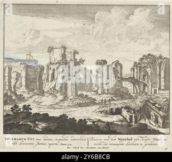 Blick auf die Titusbäder, Ruinen des Wasserbades des Kaisers Titus, in dem der berühmte Laokoon gefunden wurde. (Titel über Objekt), Views in Rome (Titel der Serie), Print, Printmacher: Anonym, Herausgeber: Pieter Schenk (I), (auf Objekt erwähnt), unbekannt, (auf Objekt erwähnt), Amsterdam, 1675 - 1711, Papier, Ätzen, Höhe, 166 mm x Breite, 195 mm Stockfoto