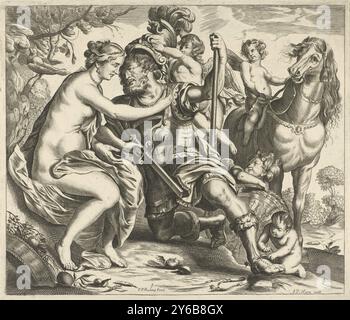 Venus und Mars, die Ehebruch von Mars und Venus. Venus und Putti nehmen dem Mars seine Rüstung ab. Links zwei Turteltauben auf einem Ast., Druck, Druckerei: Anonym, nach Malerei von: Peter Paul Rubens, (erwähnt auf Objekt), Verlag: Abraham van Hoorn, (erwähnt auf Objekt), Rotterdam, (möglicherweise), 1650 - 1750, Papier, Ätzen, Gravieren, Höhe, 400 mm x Breite, 467 mm Stockfoto