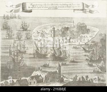 Holmes' Bonfire, englische Schiffe liegen vor den Inseln Vlieland und Terschelling. Auf der Insel Terschelling, erkennbar am Leuchtturm de Brandaris, geht das Dorf West Terschelling in Flammen auf. Auf der rechten Seite werden die niederländischen Kaufmänner, die in der Vlie ankern, von englischen Seeleuten in Sloops in Brand gesetzt. Im Vordergrund die Insel Vlieland. Oben auf dem Druck eine Kartusche mit italienischer Inschrift., Druck, Druckerei: Gaspar Bouttats, (auf dem Objekt erwähnt), Südholland, 1666, Papier, Gravur, Höhe, 307 mm x Breite, 376 mm Stockfoto