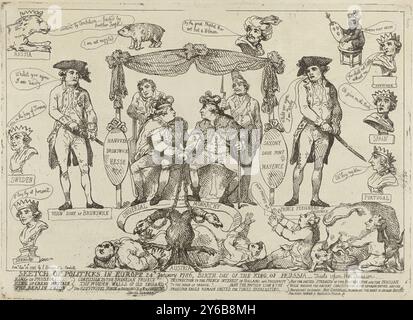 Cartoon on the Situation in Europe, 1786, Sketch of Politics in Europe 24th Januar 1786, Geburtstag des Königs von Preußen (Titel zum Objekt), Cartoon on the Situation in Europe on the 24. Januar 1786 (Geburtstag des Königs von Preußen). In der Mitte nebeneinander sitzen der englische König Georg III. Und Friedrich II. Von Preußen auf ihren Thronen unter einem Baldachin. Dies symbolisiert das Bündnis zwischen diesen beiden Ländern, eine Front gegen den österreichischen Kaiser und Frankreich zu bilden. All dies auf Kosten der Niederlande. Unten zwei Holländer in den Klauen des Habsburger Adlers. Auf der r Stockfoto