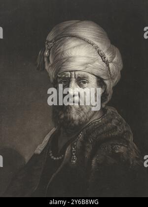 Porträtbüste eines Mannes mit Turban, Druck, Druckerei: Pieter Louw, nach Malerei von Rembrandt van Rijn, Amsterdam, 1743 - 1800, Papier, Höhe, 317 mm x Breite, 215 mm Stockfoto