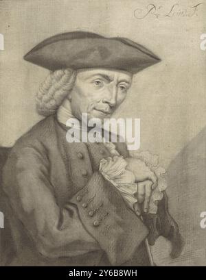 Porträt von Hendrik Spilman, dem Drucker, Zeichner und Maler Hendrik Spilman. Er legt seine gefalteten Hände auf seinen Gehstock., Druck, Druckerei: Pieter Louw, (auf dem Objekt erwähnt), Amsterdam, 1743 - 1800, Papier, Höhe, 175 mm x Breite, 135 mm Stockfoto