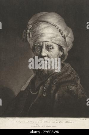 Porträtbüste eines Mannes mit Turban, Druck, Druckerei: Pieter Louw, (erwähnt auf Objekt), nach Malerei von Rembrandt van Rijn, (erwähnt auf Objekt), Verlag: Pierre Fouquet, (erwähnt auf Objekt), Amsterdam, 1743 - 1800, Papier, Höhe, 317 mm x Breite, 215 mm Stockfoto