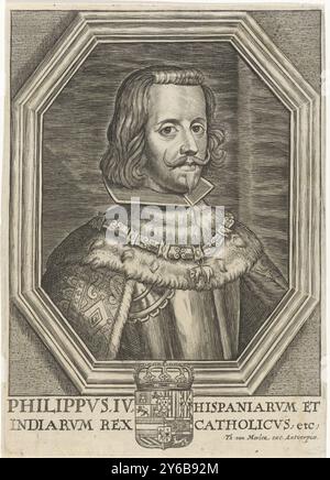 Porträt von König Philipp IV. Von Spanien, Porträt von Philipp IV., König von Spanien, mit der Ordenskette des Ordens vom Goldenen Vlies um den Hals. Direkt unter seinem Wappen., Druck, Druckerei: Theodor van Merlen (II), Verlag: Theodor van Merlen (II), (auf dem Gegenstand erwähnt), Antwerpen, 1619 - 1672, Papier, Gravur, Höhe, 164 mm x Breite, 118 mm Stockfoto