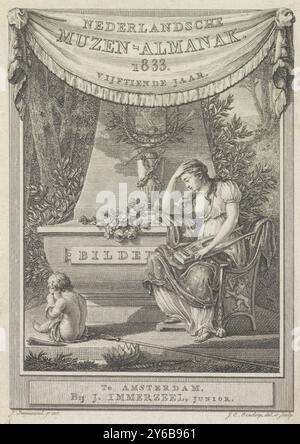 Titelseite für: Dutch Muses Almanac 1833, Muse mit Leier sitzt Trauer am Grabdenkmal von Willem Bilderdijk und ein weinender Putto sitzt auf dem Boden., Druck, Druckerei: Johannes Christiaan Bendorp, (erwähnt auf Objekt), nach Zeichnung von: Johannes Christiaan Bendorp, (erwähnt auf Objekt), nach Entwurf: Johannes Immerzeel, (erwähnt auf Objekt), Druckerei: Niederlande, Verlag: Amsterdam, 1833, Verlag: Amsterdam Papier, Ätzen, Höhe, 110 mm x Breite, 75 mm Stockfoto