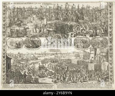 Reise Wilhelms III. Nach England, 1688, die abreisse seines Königl: Hohe nacher Engelland den 11. [novem]bris 1688, Ankunfft seines Königl: Hoheit in Engelland den 15. Und 16. [novem]bris 1688 (Titel über Objekt), Reise Wilhelms III. Nach England, 1688. Zwei Auftritte mit den Nummern I und II oben: Die Abfahrt von Willem mit seiner Flotte am 11. November 1688 aus Hellevoetsluis. Vollständiger Kai und Überblick über die Schiffe. Unter der Ankunft der Prince-Flotte in Torbay bei Brixham am 15. Und 16. November 1688. Im Vordergrund geht der Prinz an Land. Unten die Erläuterungen zu den Zahlen 1-15 Stockfoto