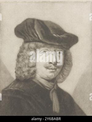 Porträt eines unbekannten Mannes mit Baskenmütze, Druck, Druckerei: Anonym, nach Entwurf von Rembrandt van Rijn, (möglicherweise), 1650 - 1800, Papier, Ätzung, Höhe, 125 mm x Breite, 96 mm Stockfoto