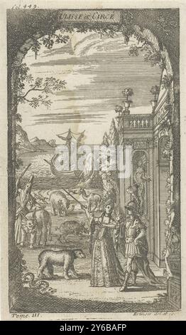 Titelseite für Ulisse et Circé, in Le Théâtre Italien de Gherardi, Paris 1700., Ulisse et Circé (Titel über Objekt), Szene aus einem Stück. Soldat mit Dame in einem Garten mit wilden Tieren. Ein Schiff im Hintergrund. Titelseite für das Stück Ulisse et Circé, erschienen in Le Théâtre Italien de Gherardi, von Evaristo Gherardi 1700., Druck, Druckerei: Franz Ertinger, (erwähnt auf dem Gegenstand), nach Zeichnung von Franz Ertinger, (erwähnt auf dem Gegenstand), Paris, (möglicherweise), 1694 - 1700, Papier, Ätzen, Gravieren, Höhe, 144 mm x Breite, 85 mm Stockfoto