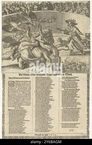 Allegorie über den Nordkrieg, ca. 1658, der Löwen-, Bär, Elefant, Tyger und Adlers-Streit, Allegory on the Northern war, ca. 1658. In einer Arena ein Kampf zwischen einem Löwen (Niederlande), einem Bären (Schweden), einem Elefanten (Dänemark), einem Tiger und drei Adlern (Polen, Preußen und dem Deutschen Reich). Der Kampf wird von Cromwell mit seinen Hunden geführt. Die europäischen Monarchen beobachten als Publikum, in der Mitte die evangelische Jungfrau und den evangelischen Prediger. Unten rechts eine Einlage mit einem Kampf zwischen Schiffen auf einer Burg von Kronborg. Unterhalb der Seite befindet sich ein Text, der in drei Spalten auf Deutsch mit einem Explan eingefügt wurde Stockfoto