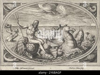 Neptun, Sea Gods (Titel der Serie), in einem ovalen Rahmen das Meer mit Neptun, in einer großen Muschel, gezogen von zwei Hippocampus (Seepferdchen). Er hat sein Dreizack in der Hand. Um ihn herum drei Meermänner, von denen jeder ein triton-Horn bläst. Der Druck ist Teil einer vierteiligen Serie über mythologische Meeresgötter., Druck, Druckerei: Adriaen Collaert, (auf dem Objekt erwähnt), nach Design von Philips Galle, (auf dem Objekt erwähnt), Verlag: Philips Galle, (auf dem Objekt erwähnt), Antwerpen, 1570 - 1618, Papier, Gravur, Breite, 167 mm x Höhe, 115 mm Stockfoto