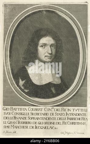 Porträt von Jean-Baptiste Colbert, Porträt von Jean-Baptiste Colbert, französischer Politiker und Finanzminister. Ein italienischer Text am Rand. Nummeriert oben links: 58., Druck, Druckerei: Cornelis Meyssens, (auf dem Objekt erwähnt), nach Zeichnung von: Adriaen van Bloemen, (auf dem Objekt erwähnt), Verlag: Giovanni Battista Hacque, Wien, 1670, Papier, Gravur, Höhe, 245 mm x Breite, 158 mm Stockfoto