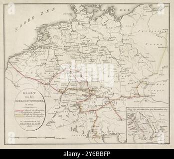 Karte der Kriegsszene von 1805, Karte der Kriegsszene von 1805 (Titel auf Objekt), Karte von Europa, die die Märsche oder Feldzüge der französischen und Batavischen Armeen sowie Österreicher und Russen im Jahr 1805 zeigt. Unten rechts ein Einschnitt mit einer Karte der Kampfbefehle der Armeen in Austerlitz (heute Slavkov u Brna in der Tschechischen Republik) am 2. Dezember 1805., Druck, Druckerei: Daniël Veelwaard (I), (auf Objekt erwähnt), Verlag: Johannes Allart, (auf Objekt erwähnt), Amsterdam, 1806, Papier, Ätzen, Gravieren, Höhe, 310 mm x Breite, 360 mm Stockfoto