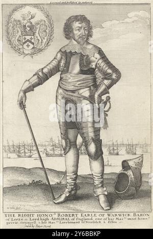 Porträt von Robert Rich, Earl of Warwick, Porträt des Marineoffiziers Robert Rich, Earl of Warwick., Druck, Druckerei: Wenceslaus Hollar, (auf dem Gegenstand erwähnt), Verlag: Peter Stent, (auf dem Gegenstand erwähnt), Karel I (koning van Engeland), (auf dem Gegenstand erwähnt), London, 1642 und, oder 1646 - 1667, Papier, Ätzung, Höhe, 230 mm x Breite, 154 mm Stockfoto