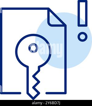 Datei mit Schlüssel und Ausrufezeichen. Eingeschränkte Datei, dringende Schutzwarnung. Datenschutz. Pixelperfektes, bearbeitbares Konturvektorsymbol Stock Vektor