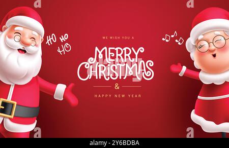 Frohe weihnachten Grußkarte Vektor Vorlage Design. weihnachtsmann und mrs. claus Charaktere in winkenden, singenden und fröhlichen Lächeln für Rot Stock Vektor