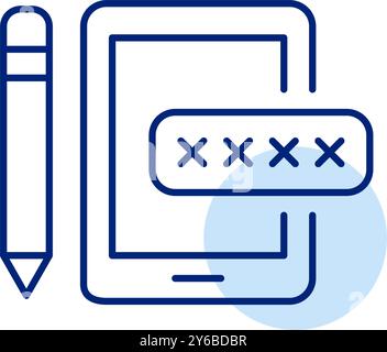 Elektronisches Tablet mit Stift und Passworteingabefeld. Benutzerverifizierung für den Zugriff auf digitale Inhalte oder Apps auf Mobilgeräten. Pixel perfekt, bearbeitbar Stock Vektor