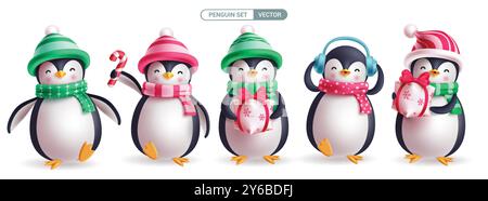 Weihnachtspinguin-Zeichen Vektor-Set-Design. Niedliche Maskottenkollektion mit Pinguincharakter und Mütze, Schal, Kopfhörer und Geschenkboxen Stock Vektor