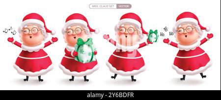 Mrs. claus weihnachtsfiguren Vektor-Set-Design. Weihnachtliche mrs. claus Charakterkollektion mit süßem Gesang, Geschenkbox und fröhlichem Lächeln Stock Vektor