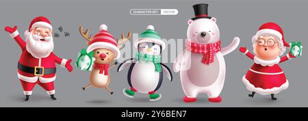 Weihnachtsfiguren Vektor Set Design. Niedliche Weihnachtsfiguren in Stehhaltung, Singen, Geschenke halten und fröhlich lächelnde Charaktere Kollektion. Stock Vektor