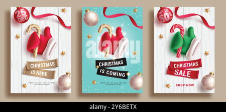 Weihnachtsverkauf Text Vektor Poster Set Design. Weihnachtsfeiertage Promotion Rabattangebot Flyer-Kollektion für Saisoneinkaufsvorlage. Vektor Stock Vektor