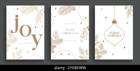 Weihnachtsgrußkarte Vektor-Poster-Set. Frohe weihnachten und frohe Feiertage Grußtext mit Blattkritzelung und Blätter Skizze für einfache Eleganz Stock Vektor