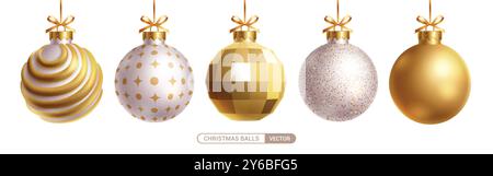 Weihnachtskugeln Gold Vektor Set Design. Eleganter Weihnachtskugel mit geprägtem Muster, glänzendem silbernem Glitzer und glänzender runder Kugel, die isoliert hängt Stock Vektor