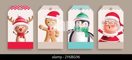 Weihnachtsfiguren Geschenkanhänger Vektor Set Design. Geschenkkarten für Charaktere wie mrs. claus, Rentier, Ingwerbrot und Pinguin-süßes Maskottchen Stock Vektor