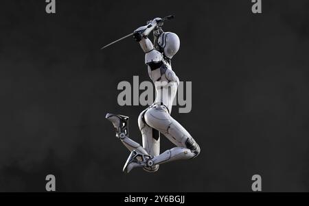 3D-Illustration Einer Frau Cyborg Ninja posiert mit Katana auf weißem Hintergrund. Stockfoto