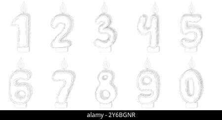 Set aus Geburtstagskerzennummern mit brennenden Flammen im Doodle-Stil. Dekoration für Kuchen. Für Grußkarte, Banner, Einladung, Aufkleber. Handgezeichnet Stock Vektor