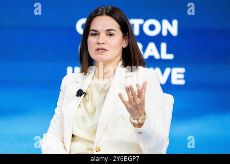 New York, Usa. September 2024. Sviatlana Tsikhanouskaya, belarussische politische Aktivistin, sprach auf der Konferenz der Clinton Global Initiative im Hilton Midtown Hotel in New York City. Quelle: SOPA Images Limited/Alamy Live News Stockfoto