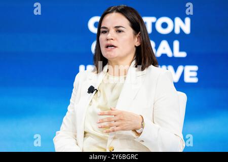 New York, Usa. September 2024. Sviatlana Tsikhanouskaya, belarussische politische Aktivistin, sprach auf der Konferenz der Clinton Global Initiative im Hilton Midtown Hotel in New York City. Quelle: SOPA Images Limited/Alamy Live News Stockfoto