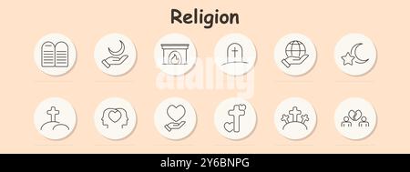 Symbol „Religion festlegen“. Zehn Gebote, Hand hält Mondsichel, Kamin, Grabstein, Globus in der Hand, Stern und Mond, liebe, Kreuz, Einheit, Gedenkstätte, gl Stock Vektor