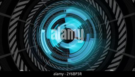 Bild der digitalen Datenverarbeitung über Oszilloskop und Kettentunnel auf schwarzem Hintergrund Stockfoto